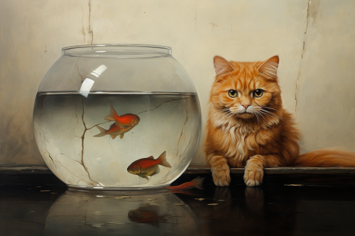 Cat watching goldfish in bowl painting