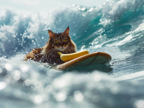 Cat surfing with banana in sea Cat surfing with banana in sea