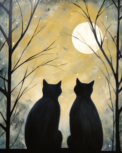Two cats in a tree watching the moon