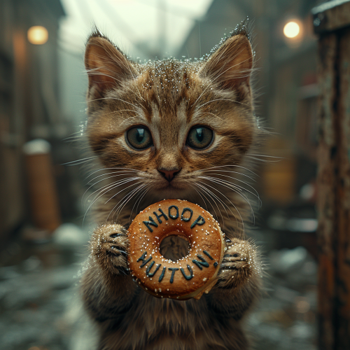 Cat holding sign and donut