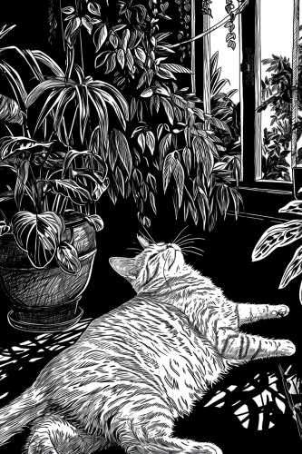Cat stretching in shadowy room with plants
