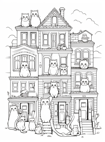 Coloring page of cats on roof