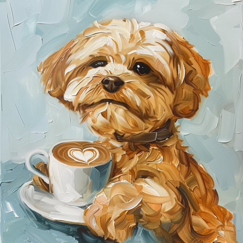 Cavapoo holding coffee cup latte Cavapoo holding coffee cup latte
