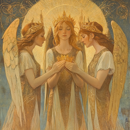 Ethereal angels giving golden crowns