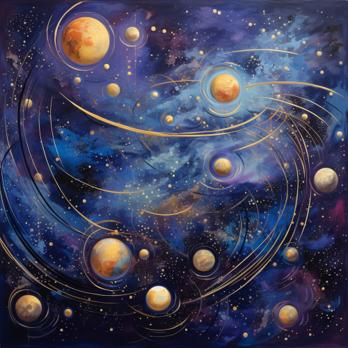 Abstract artwork depicting celestial harmony with swirling galaxies