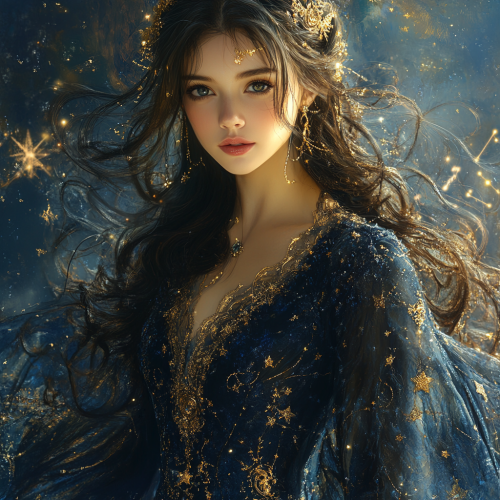 celestial woman in navy blue gown