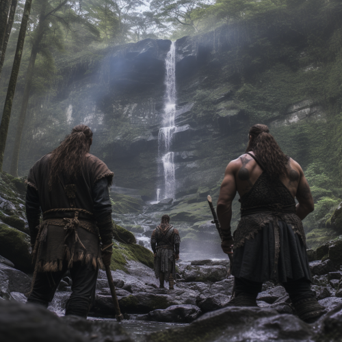 Real Celtic savages at a waterfall