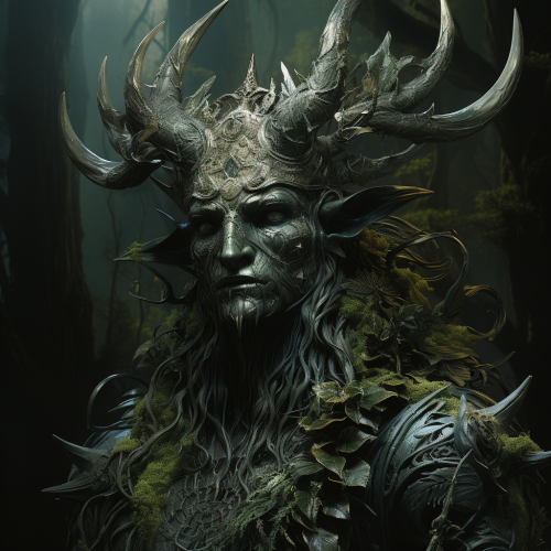 Elaborate horned forest god in twilight clearing