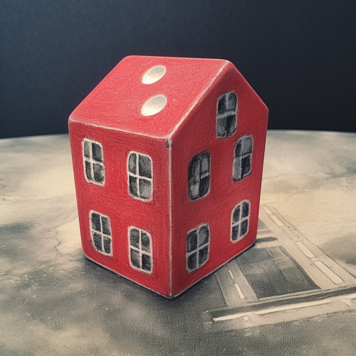 House chalk drawing with red dice