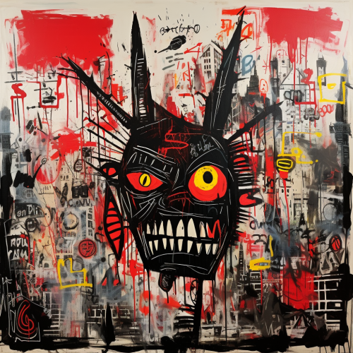 Chaotic punk-style city demon with red blots