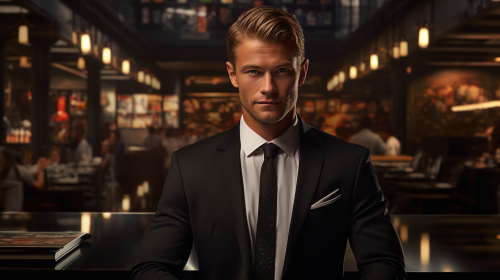 Charismatic businessman indoors, photorealistic image
