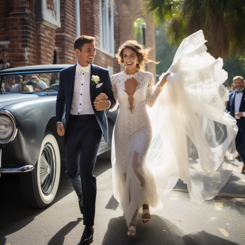 Glamorous bride and groom outside church