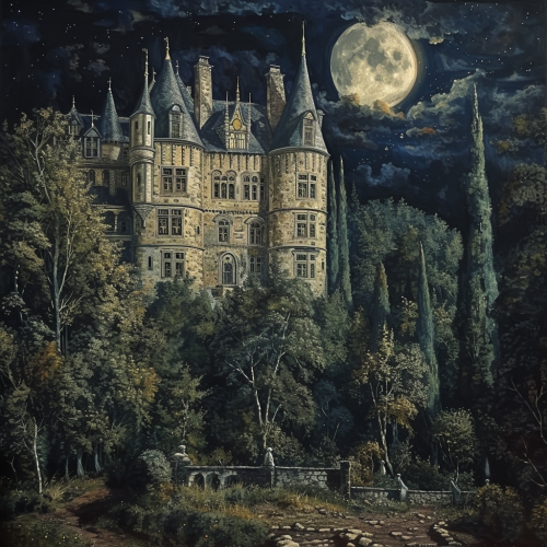 Night time forest scene at Château de Ripaille