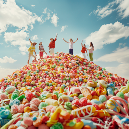 Cheerful people in candy mountain