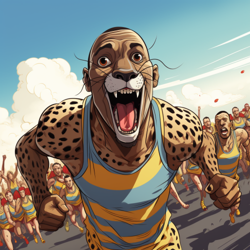 Cartoon cheetah sprinting towards the finish line