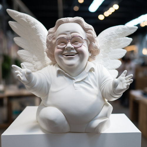White cherub statue with Danny Devito's face