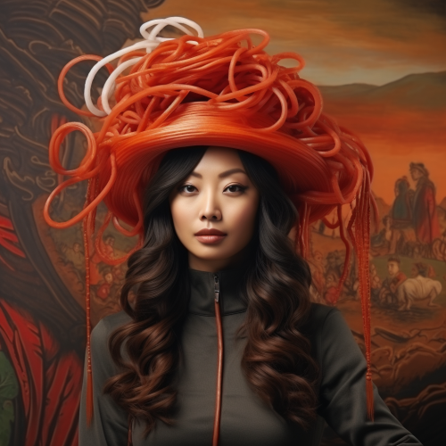 Beautiful Eurasian woman wearing noodle hat and sriracha blouse