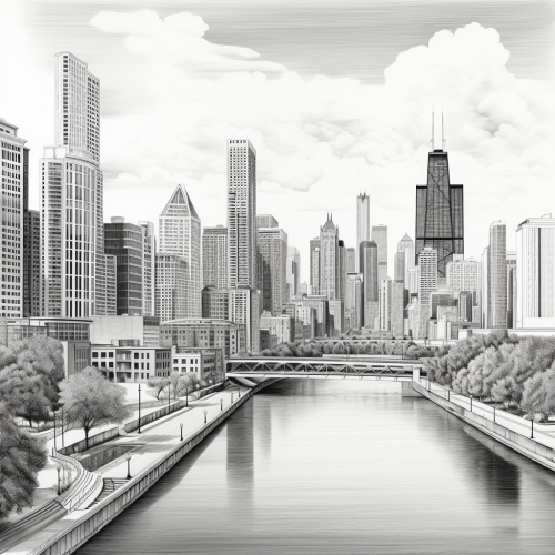 Detailed pencil sketch of Chicago's 3D skyline