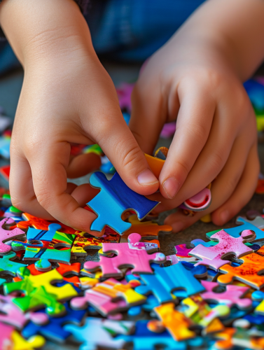 Child's hands selecting puzzle pieces