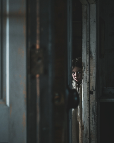 child hiding behind door thriller