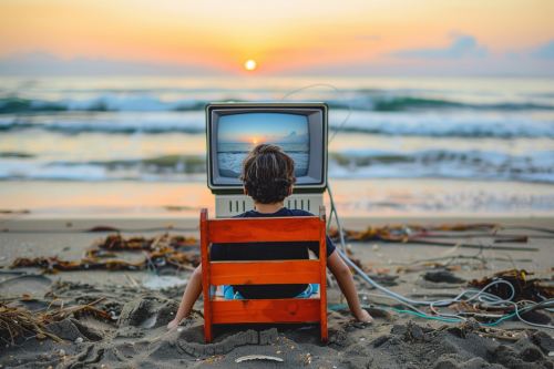 Child playing video games on beach