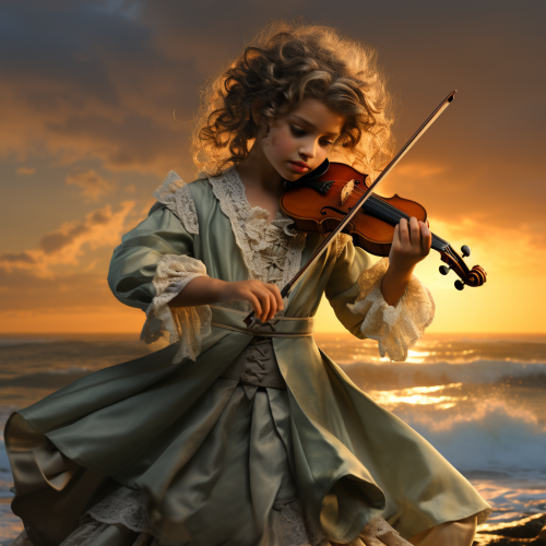 Child playing violin with curly hair