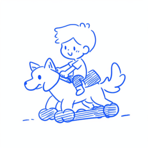 Child riding dog in minimalist marker drawing