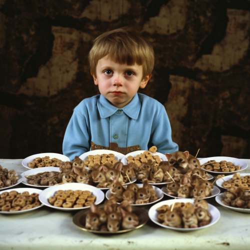 Adorable child with dozen mice in plate