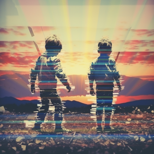 Children fighting with VHS glitch texture