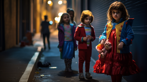 Happy children in Halloween Alice in Wonderland costume
