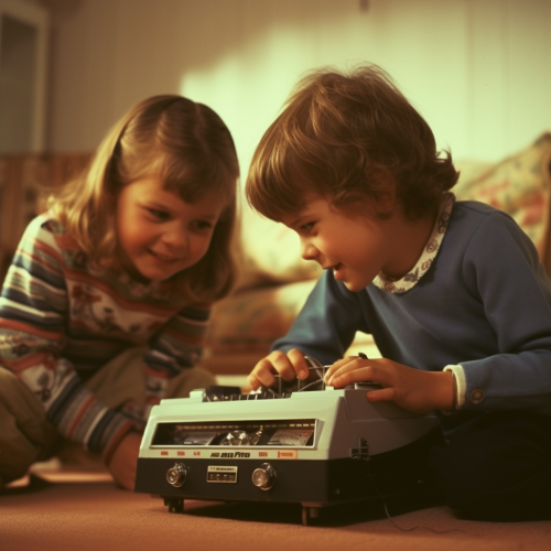 Children podcasting with VHS color noise