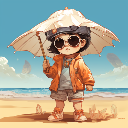 Chinese baby enjoying beach with sunscreen and umbrella