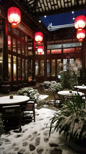 Chinese Garden at High-End Hotel Night Snow
