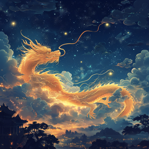 Chinese Gold Dragon Flying in the Sky
