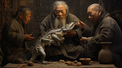 Chinese men stealing lizard-like creature in ancient village