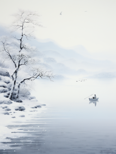 Lone boat fishing in snowy Chinese river