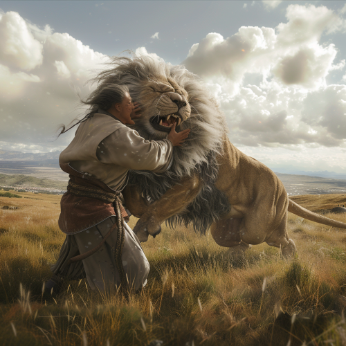 Chinese Shepard Man Wringing Lion's Neck