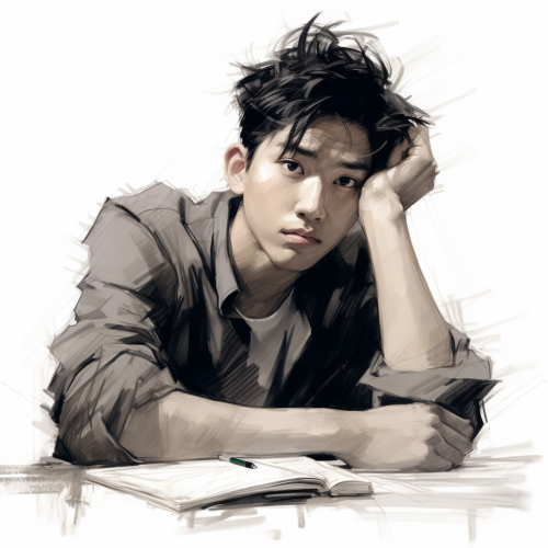 Chinese teenager with pensive sketch expression Chinese teenager with pensive sketch expression