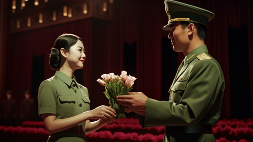 Chinese officer giving green rosebuds to comrades Chinese officer giving green rosebuds to comrades