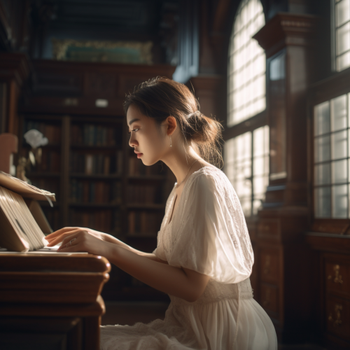 Attentive Chinese woman reading in library