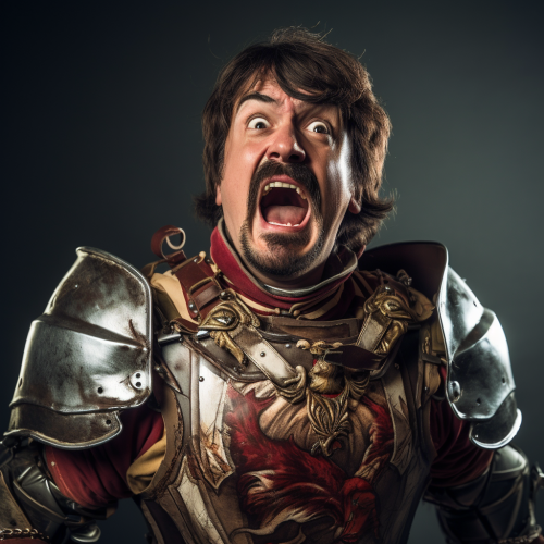 Chivalry man at arms with a silly, foppish floppy yelling face