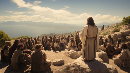 Cinematic scene of Jesus preaching the Sermon on the Mount