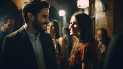 Christian friends talking and smiling at church lobby
