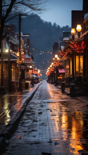 Flashing Christmas lights in mountain village