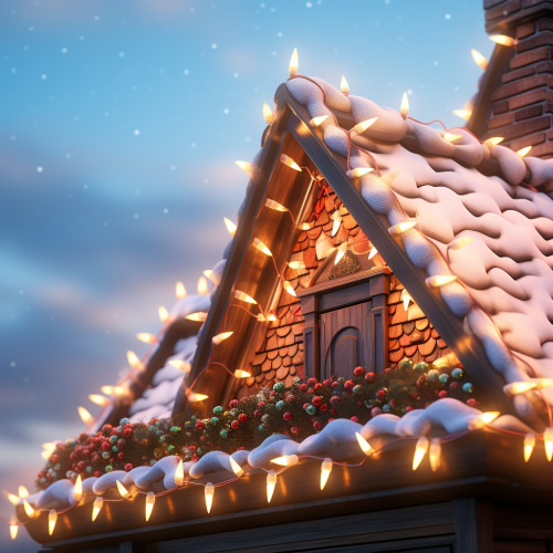 Closeup of Christmas lights on a roofline