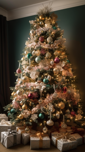 Colorful Christmas tree decorations and boxes