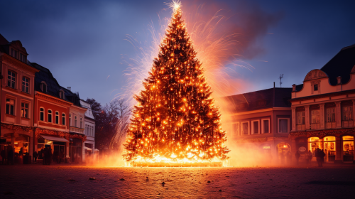 Burning Christmas Tree in Town Square