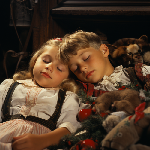 Children sleep by fireplace with stockings hanging