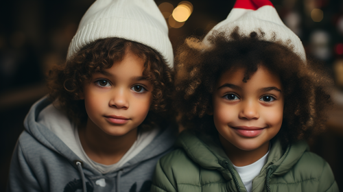 Children celebrating Christmas with Santa hats ?