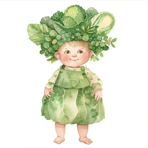 Cute baby in cabbage dress with broccoli crown